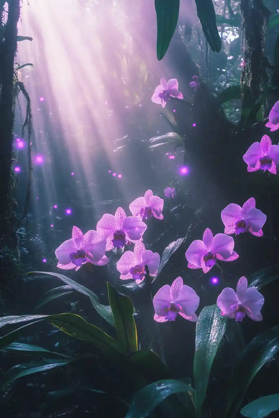 Orchids glowing softly in a misty rainforest drizzle