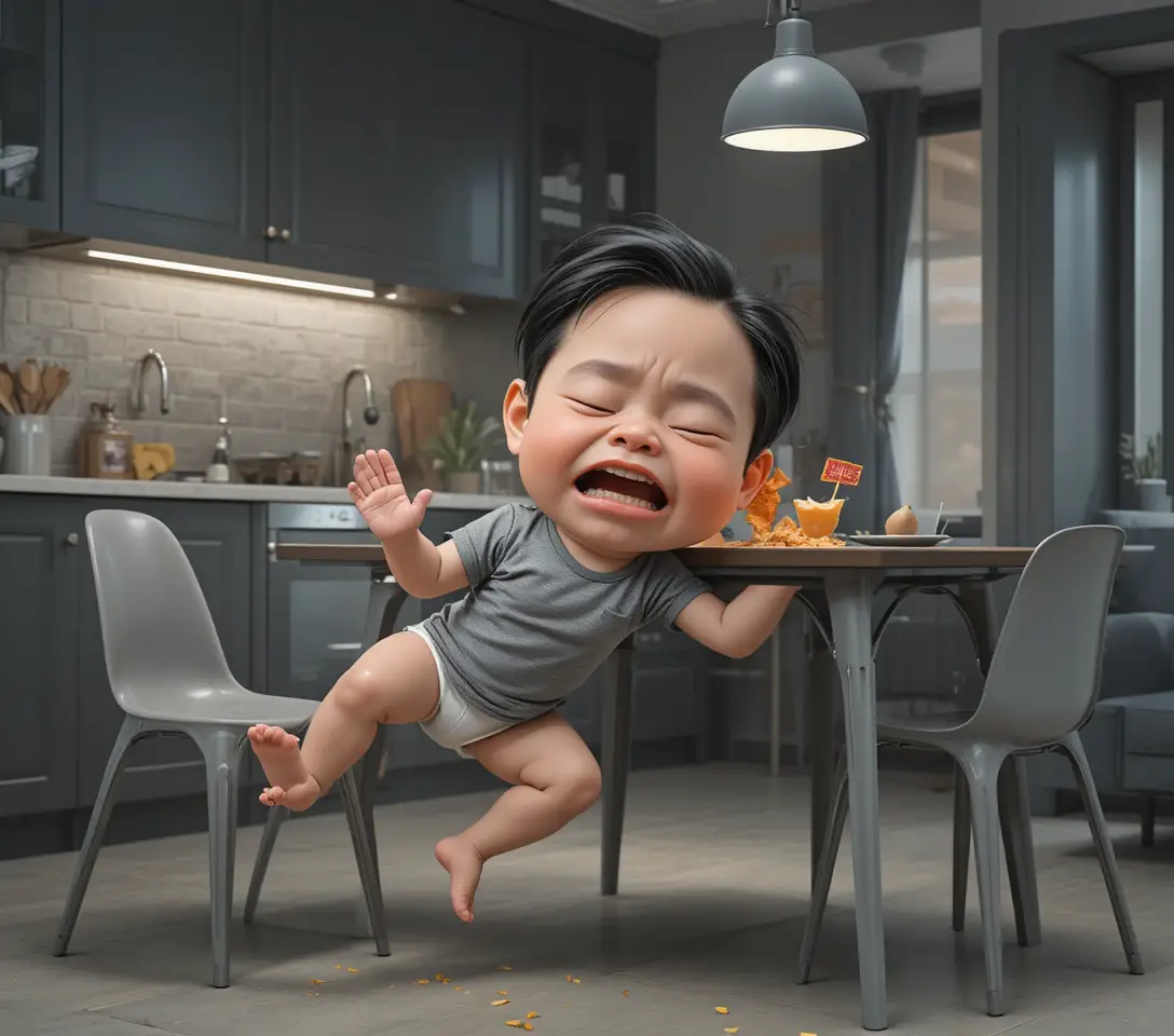 Crying baby falling near table in modern kitchen