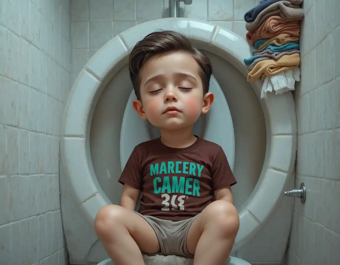 Bambino piccolo che dorme raggomitolato dentro a una tavoletta del water bianca