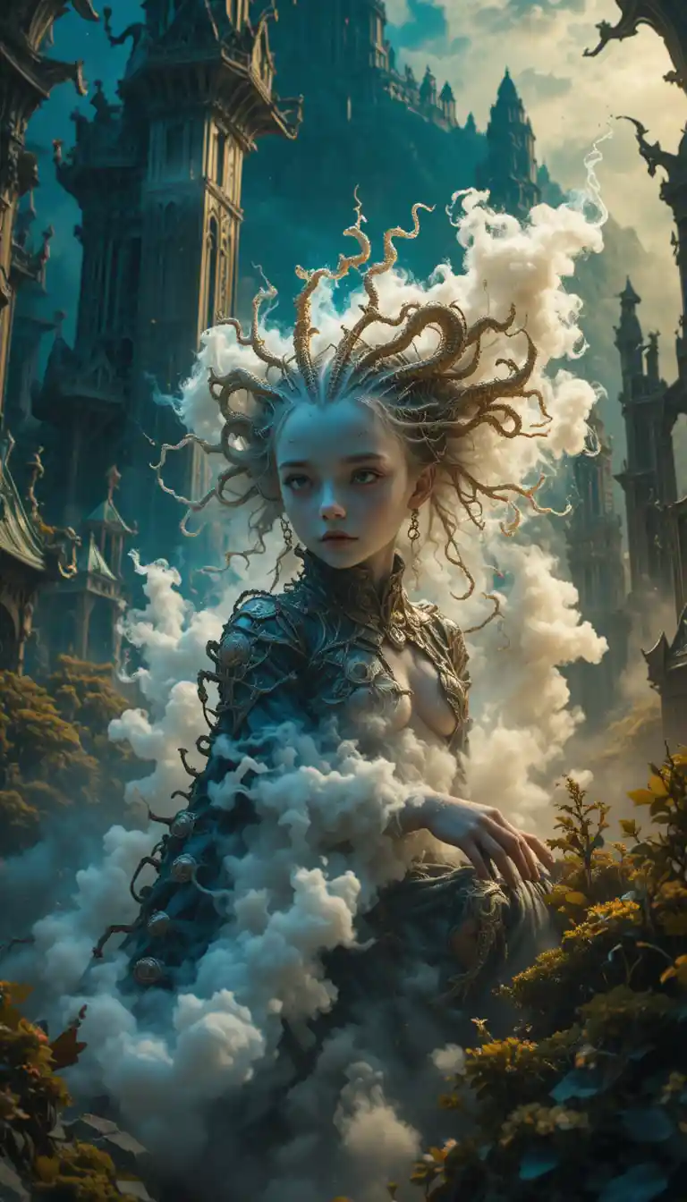 Baby-Gorgone und Drache in einem surrealen Fantasy-Wald