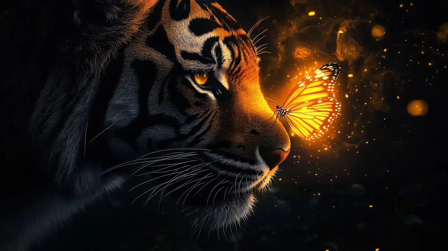 Glowing Tiger Silhouette With Radiant Butterfly On Its Nose