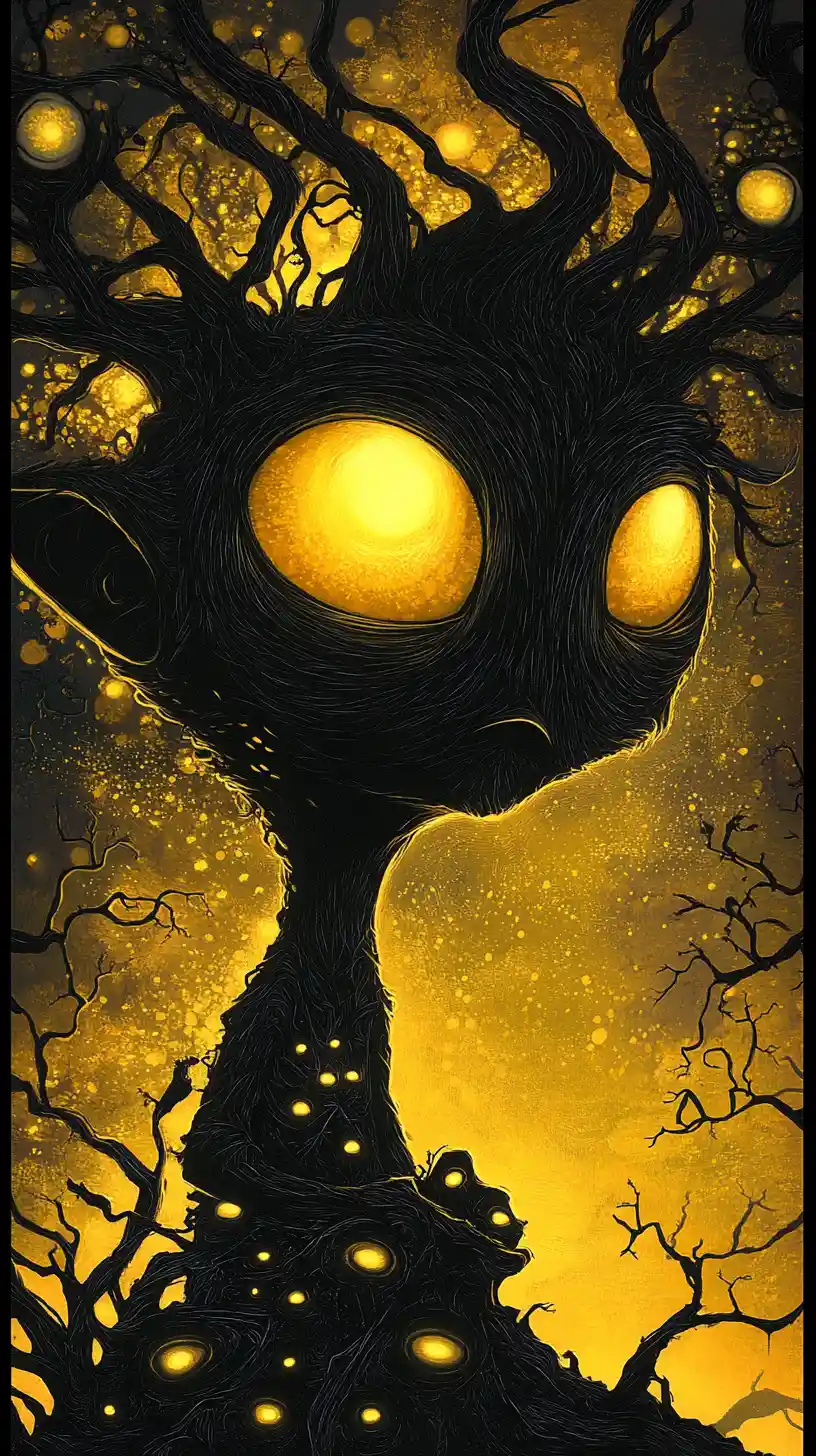 Surreal gnome portrait in an eerie black and yellow world