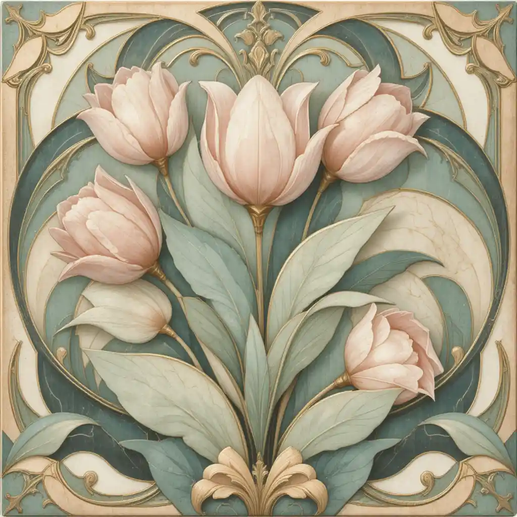 Art deco floral pattern with stylized tulips and curves