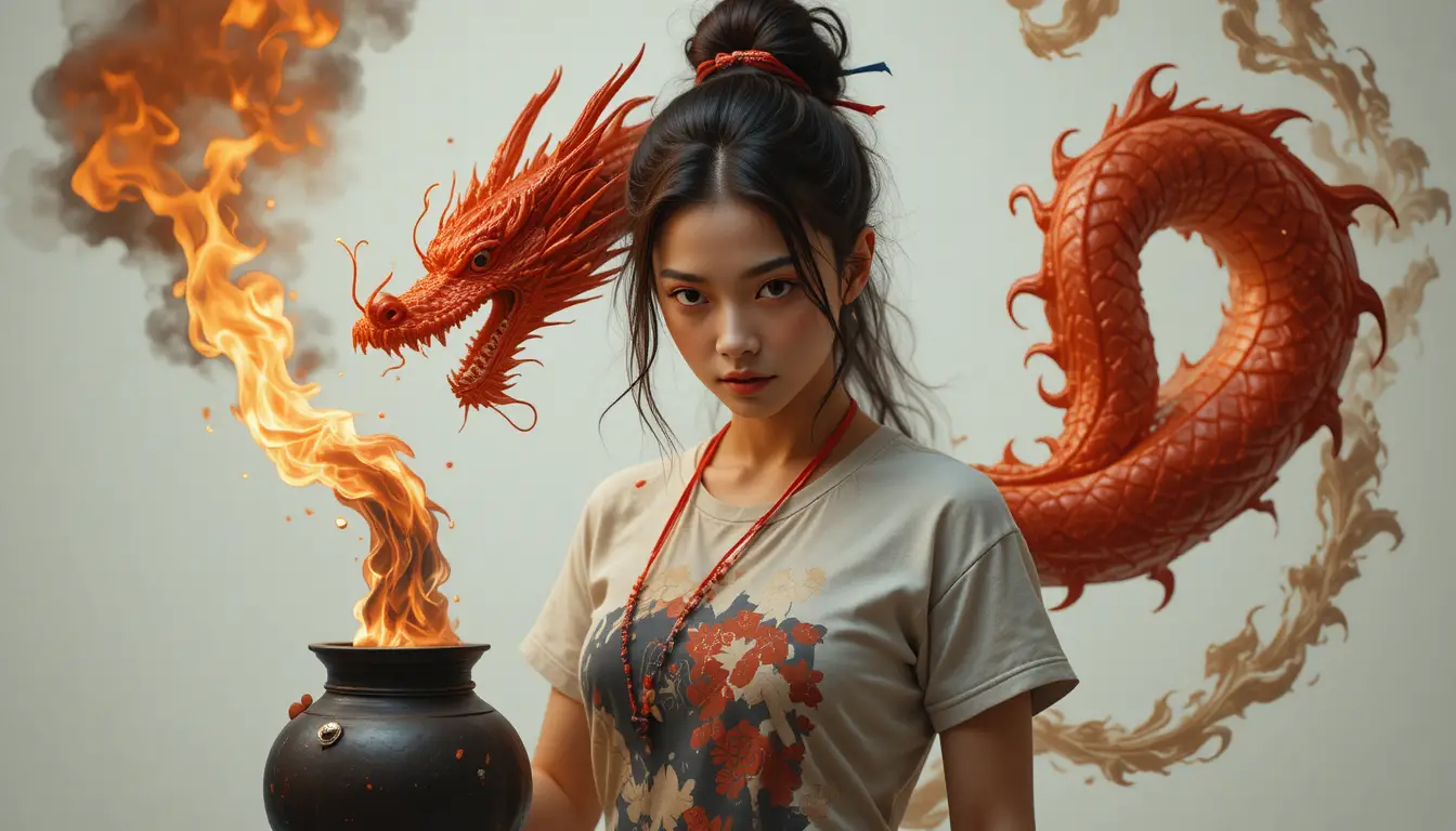 Asian woman bound to a pole before a fire breathing dragon