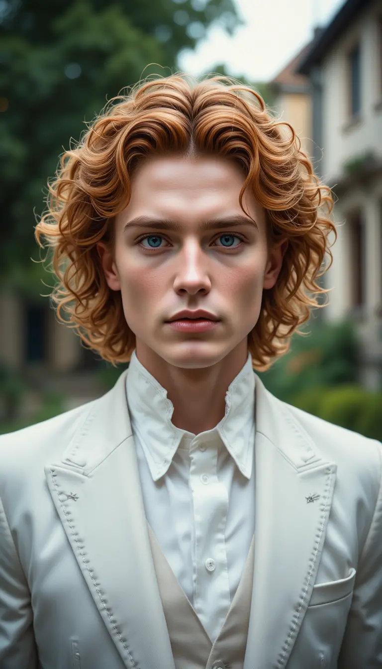 Serious young man in white suit with blurred green background
