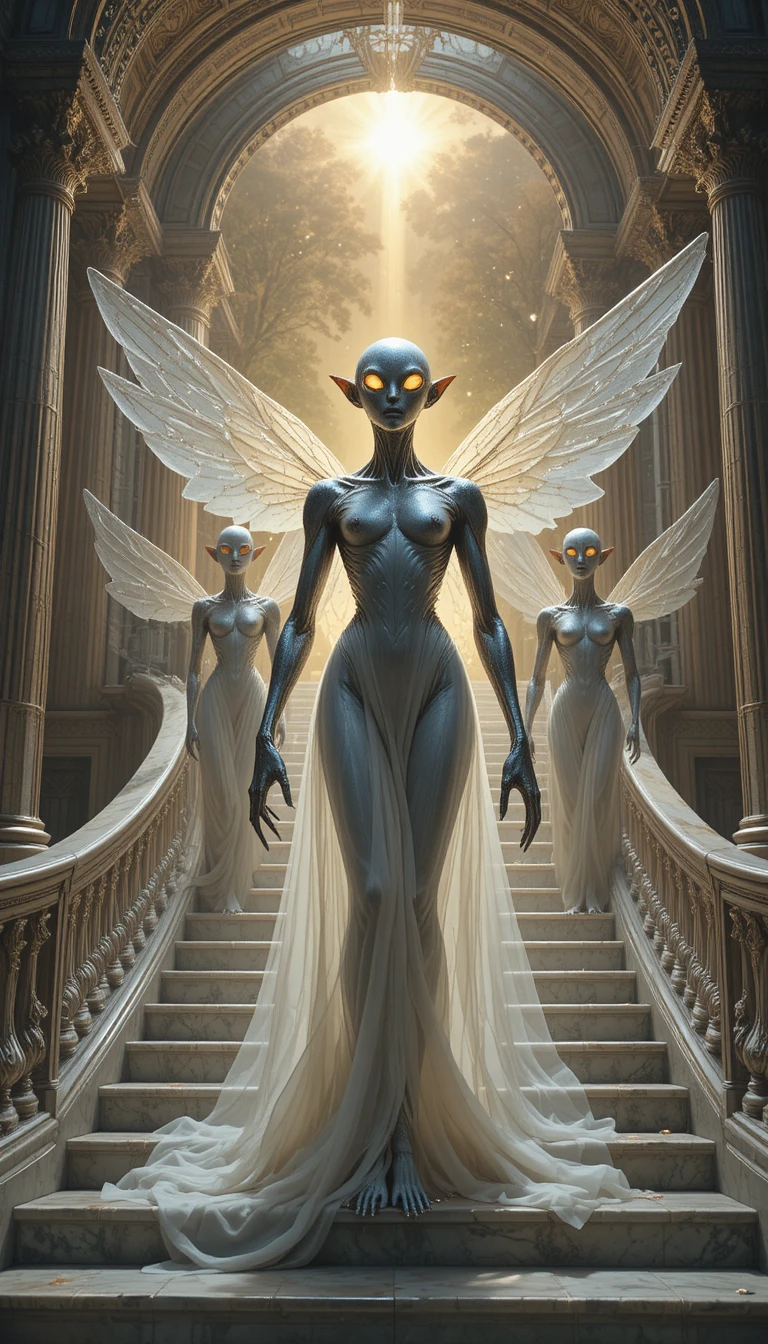 Small silver aliens standing in a dark farmyard at night