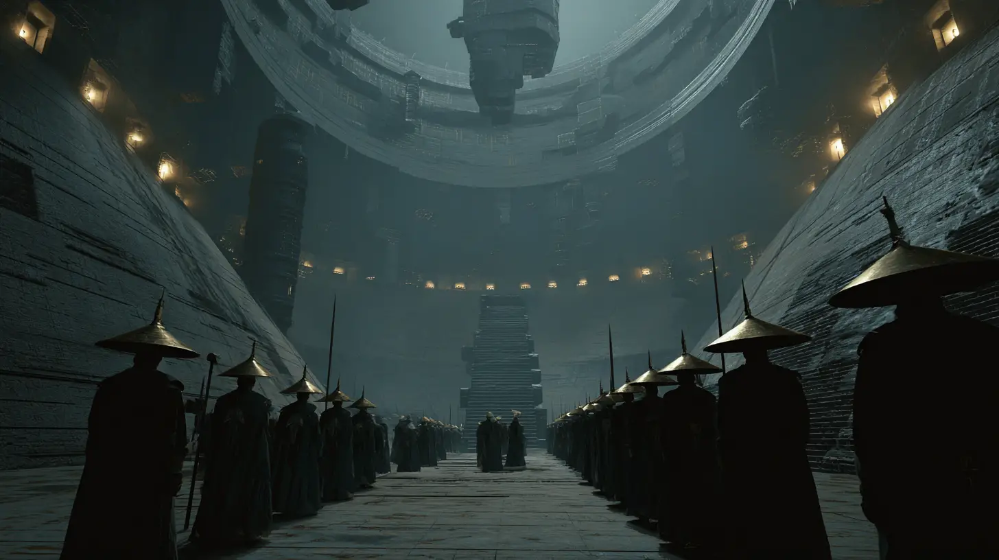 Vast sci fi army assembled inside a colossal arena