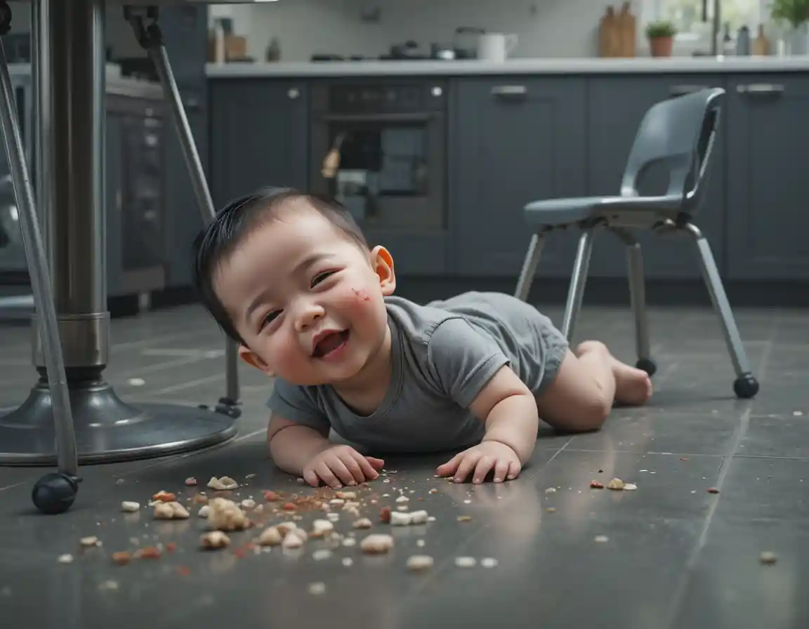 Surveillance view of injured baby on kitchen floor