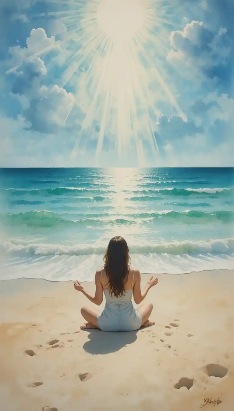 Watercolor beach scene with woman gazing at radiant jesus