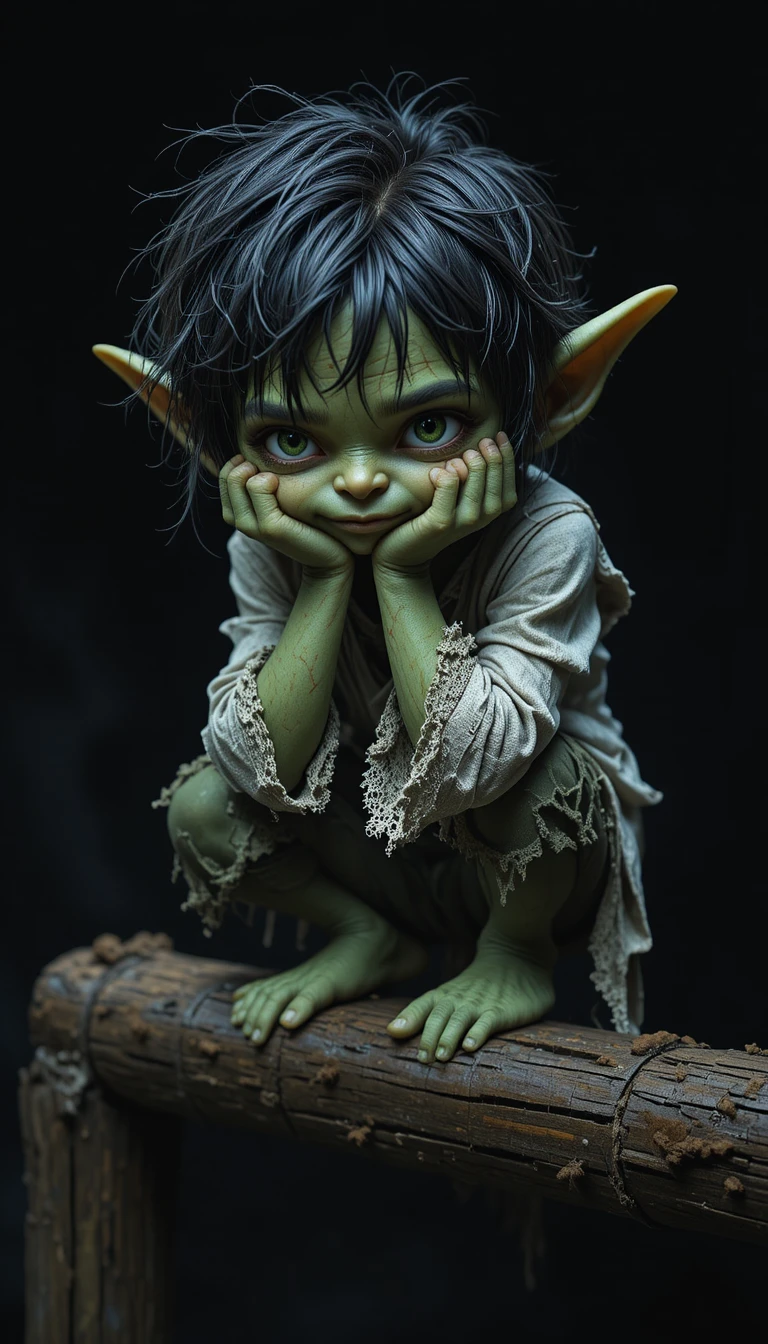 Green goblin kid crouched on a wooden beam in darkness