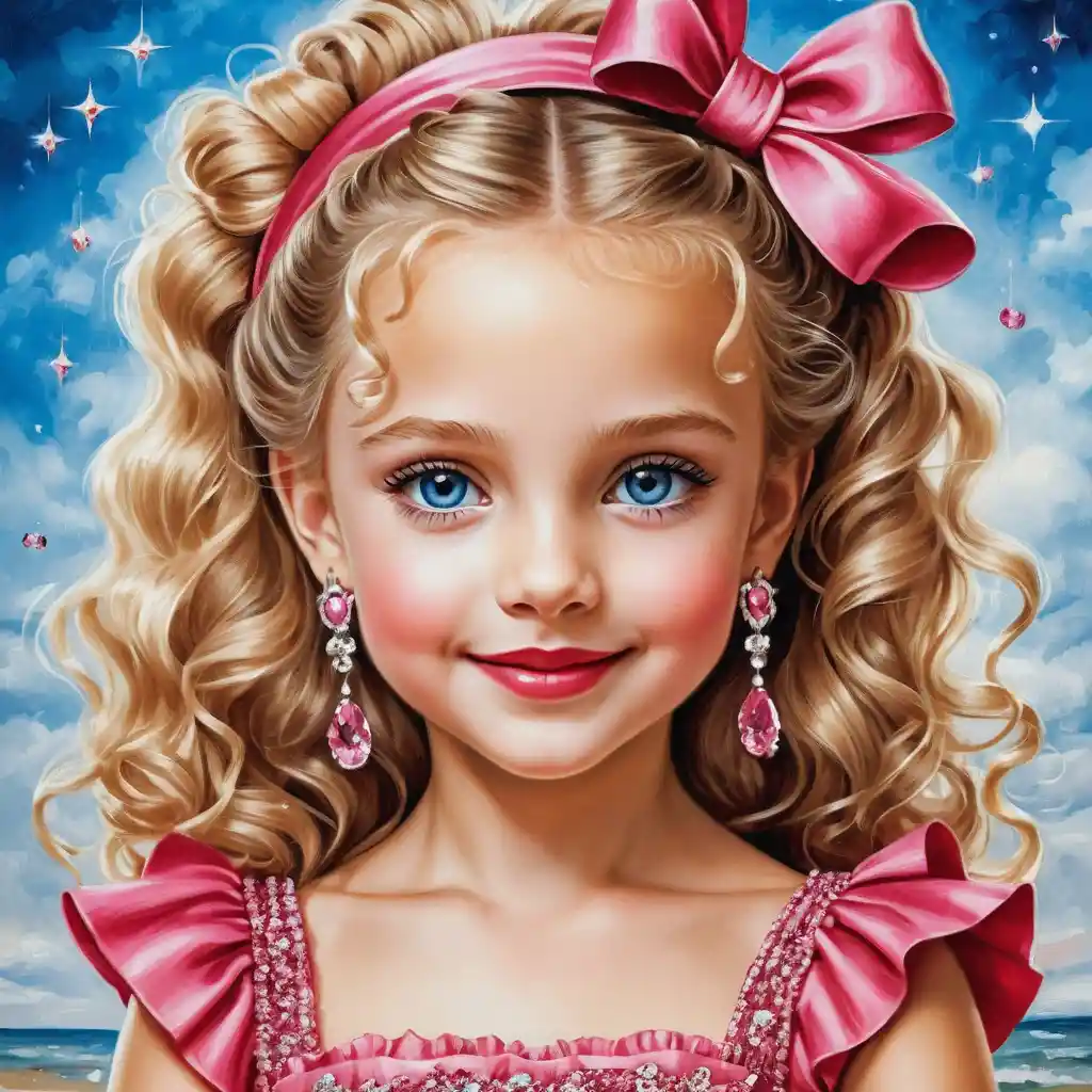 Smiling blonde girl in a sparkling deep pink ruffled dress