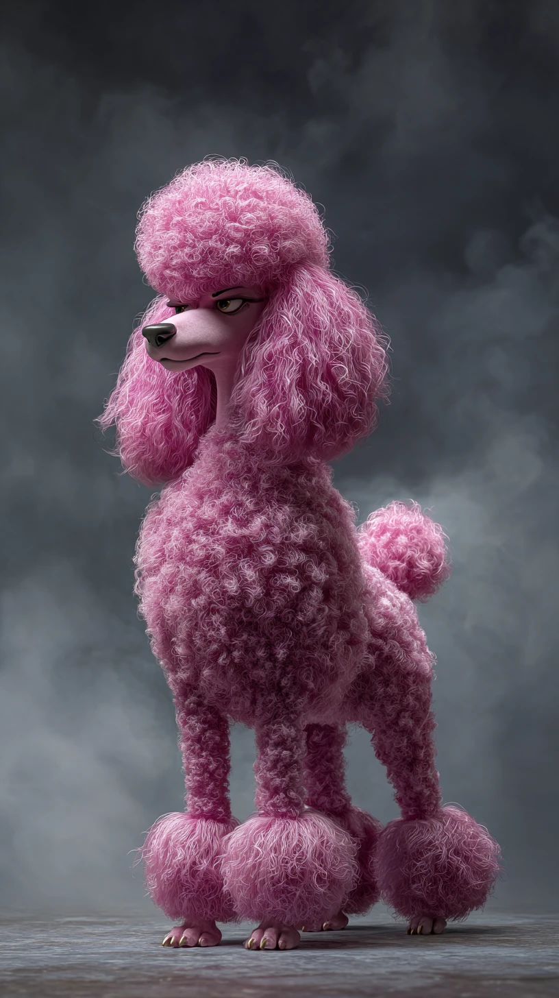 Stylized Pink Poodle In A Moody Gothic Foggy Landscape