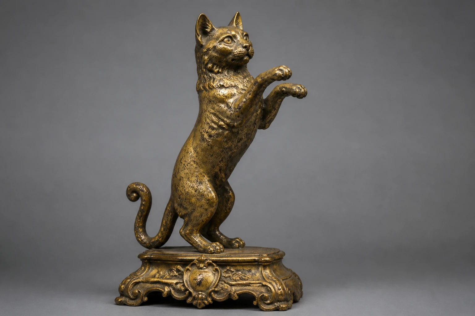 Antique golden cat sculpture on ornate baroque style base