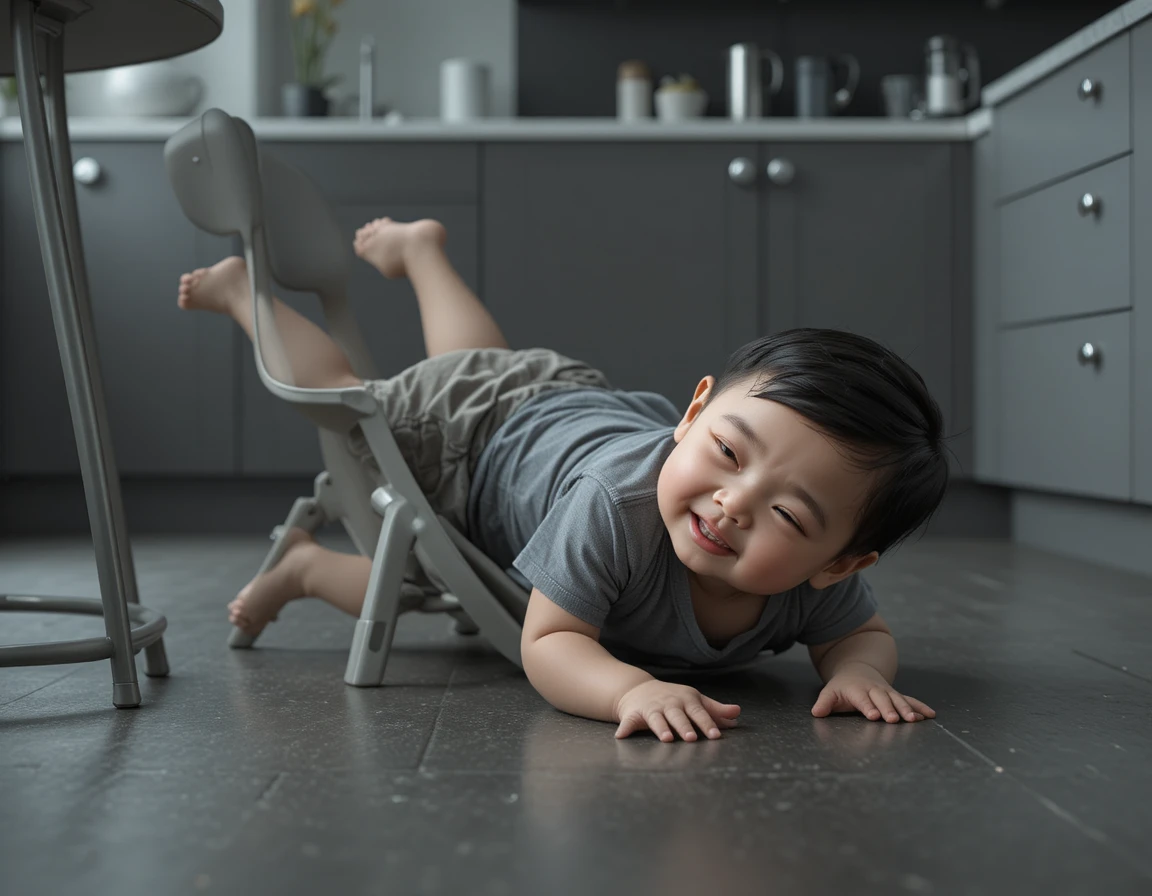 Surveillance view of injured baby on kitchen floor