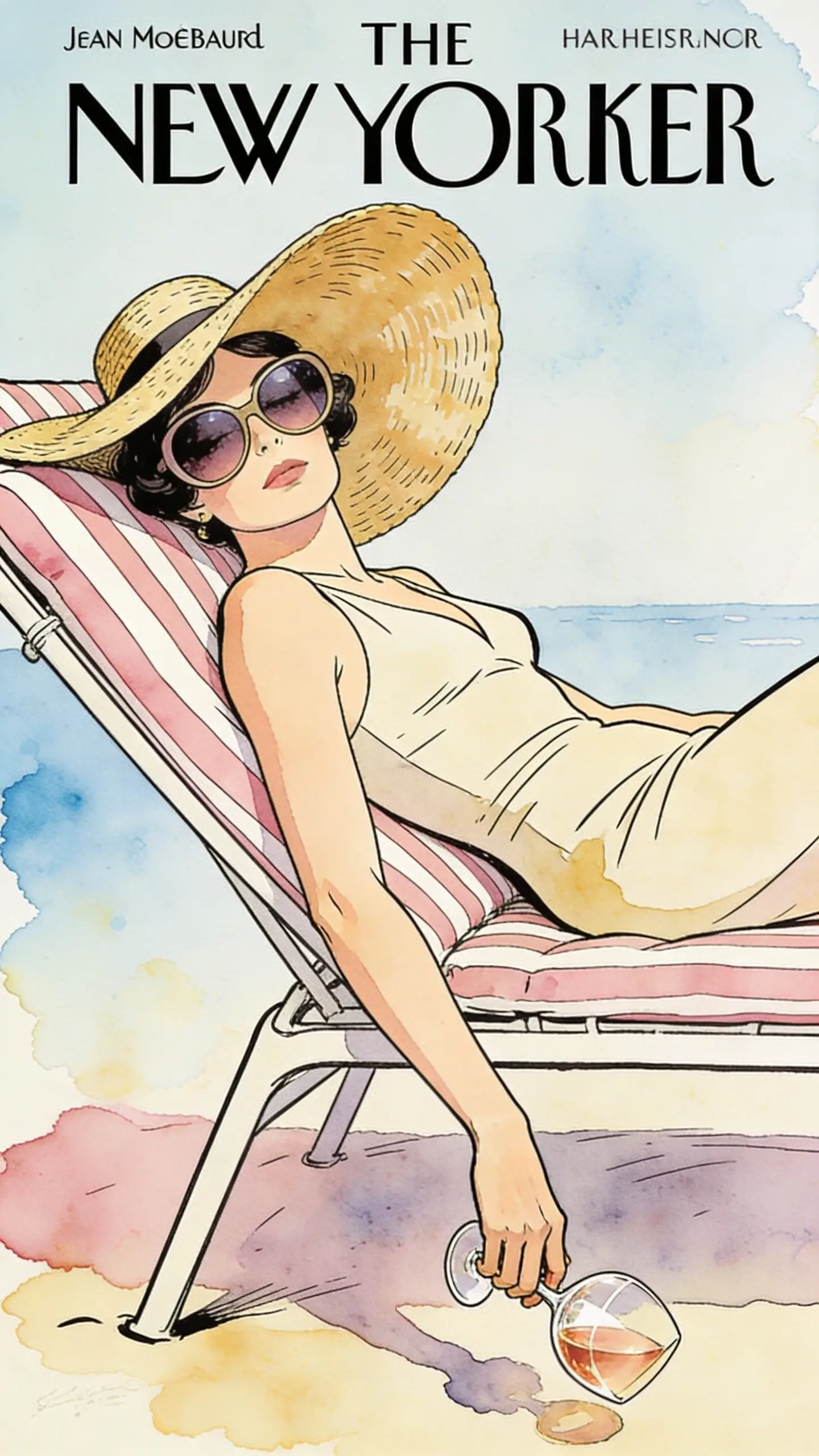 Elegant woman lounging in a striped chair with rosé