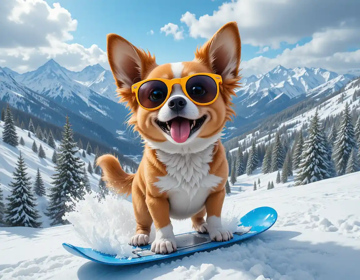 Playful golden puppy snowboarding on a blue board