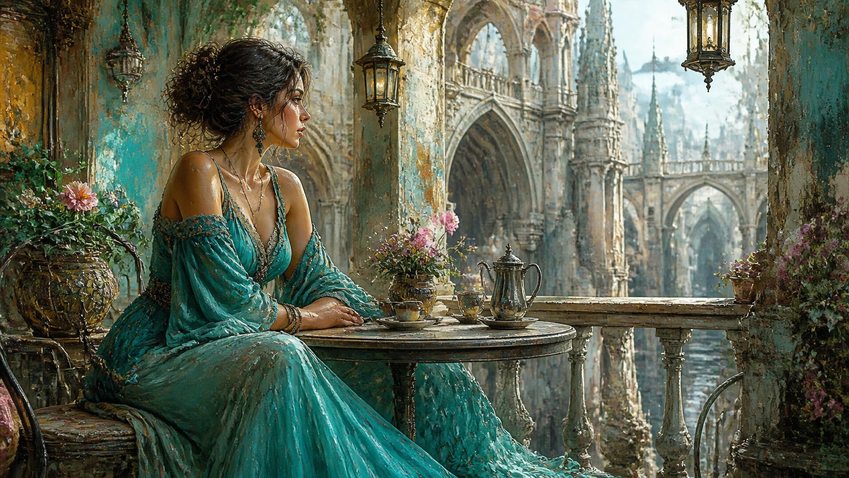 Woman in turquoise dress on surreal cafe terrace