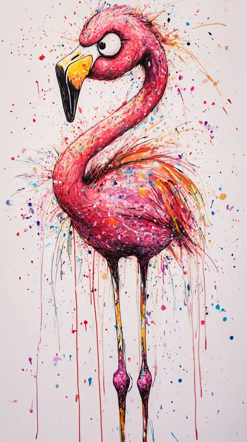 Playful flamingo tangled in long legs watercolor illustration