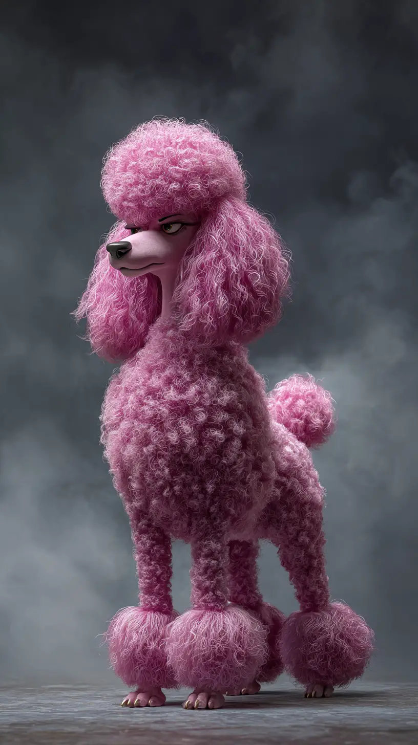 Stylized Pink Poodle In A Moody Gothic Foggy Landscape