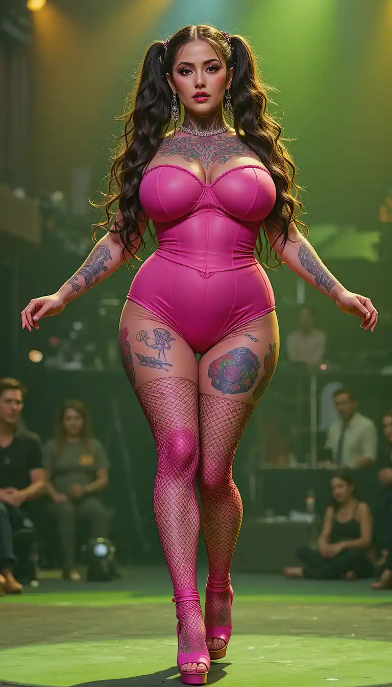 Glamorous tattooed woman posing on a stage in pink lingerie