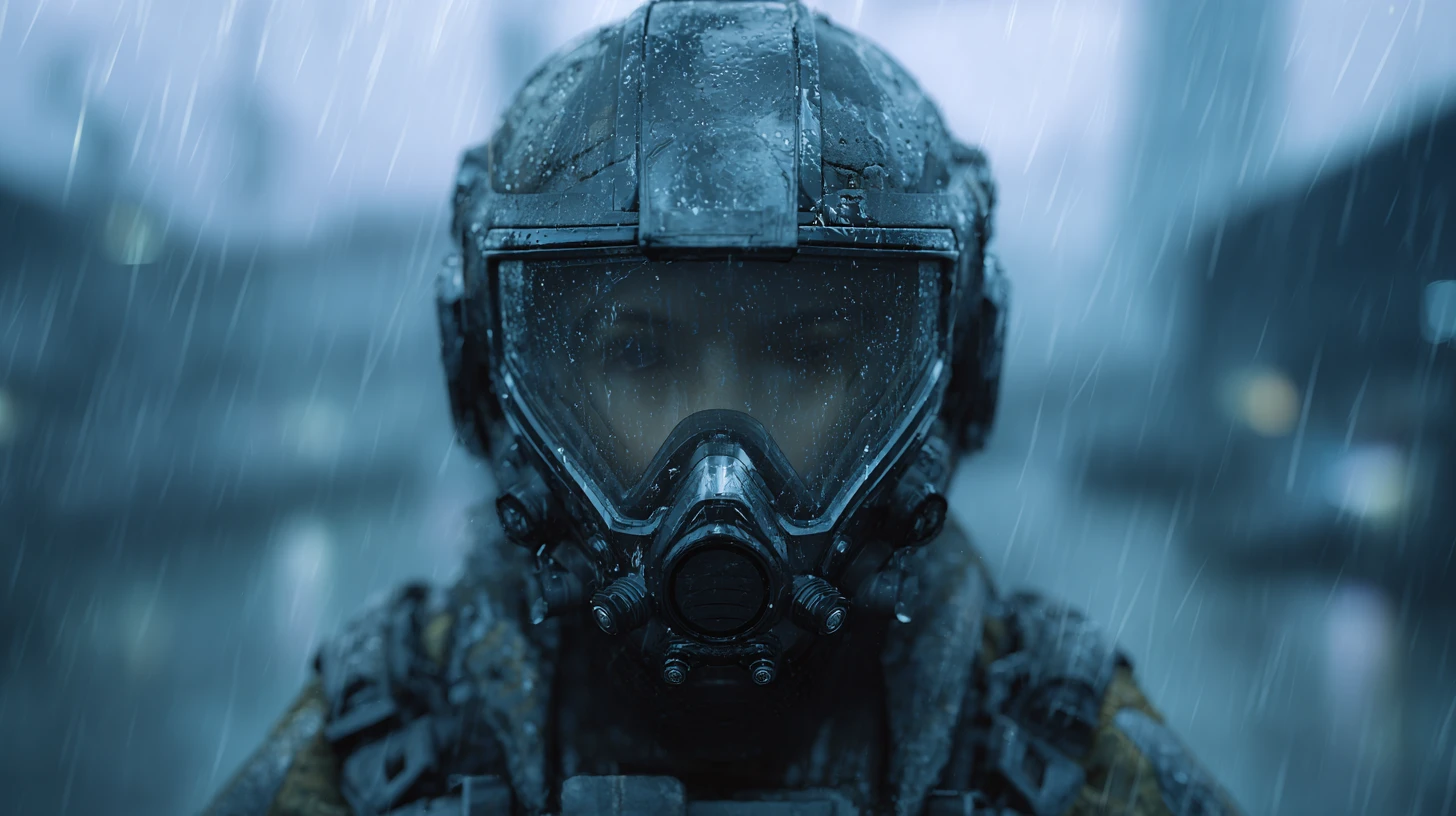 Ominous Futuristic Warrior Commander In Cold Rain
