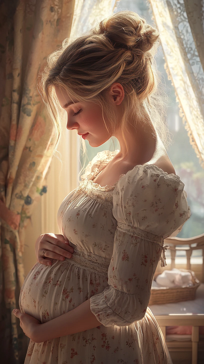 Pregnant woman in a floral dress in a cozy nursery