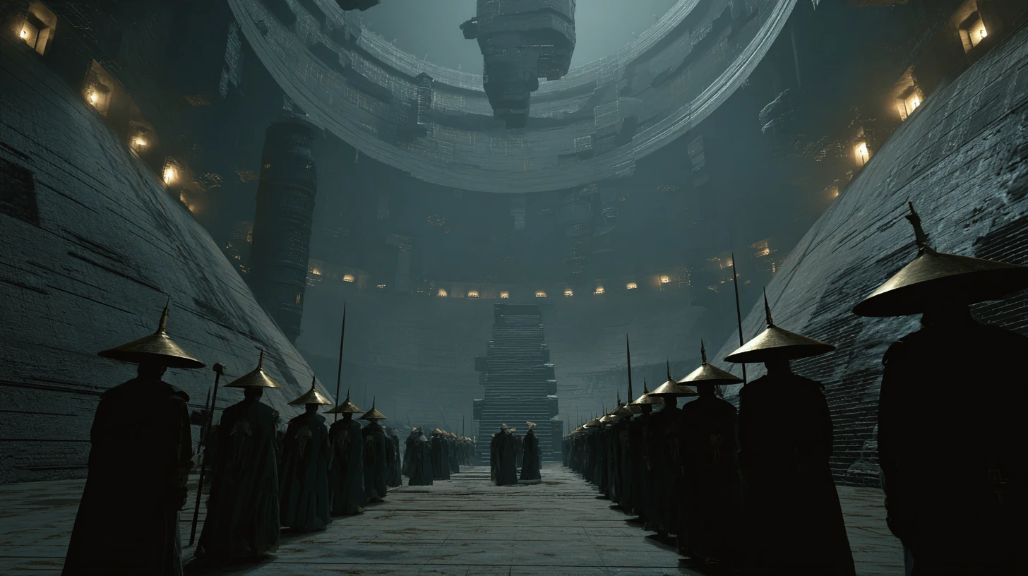 Vast sci fi army assembled inside a colossal arena