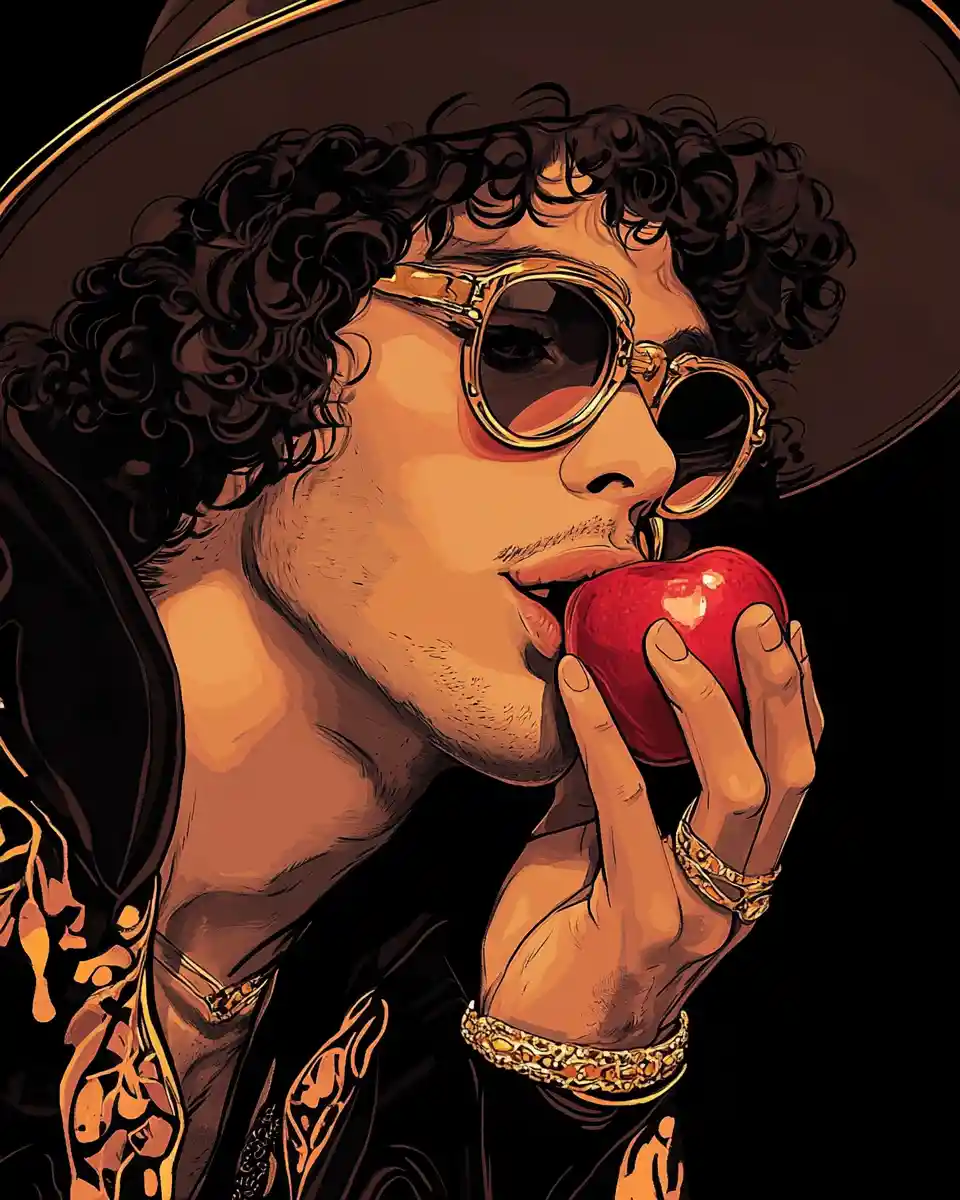 Man in hat biting a red apple in digital pop art
