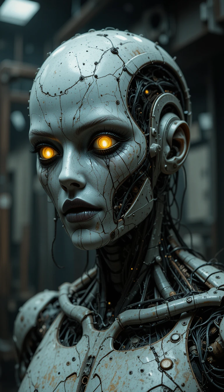 Creepy humanoid robot with glowing yellow eyes in darkness