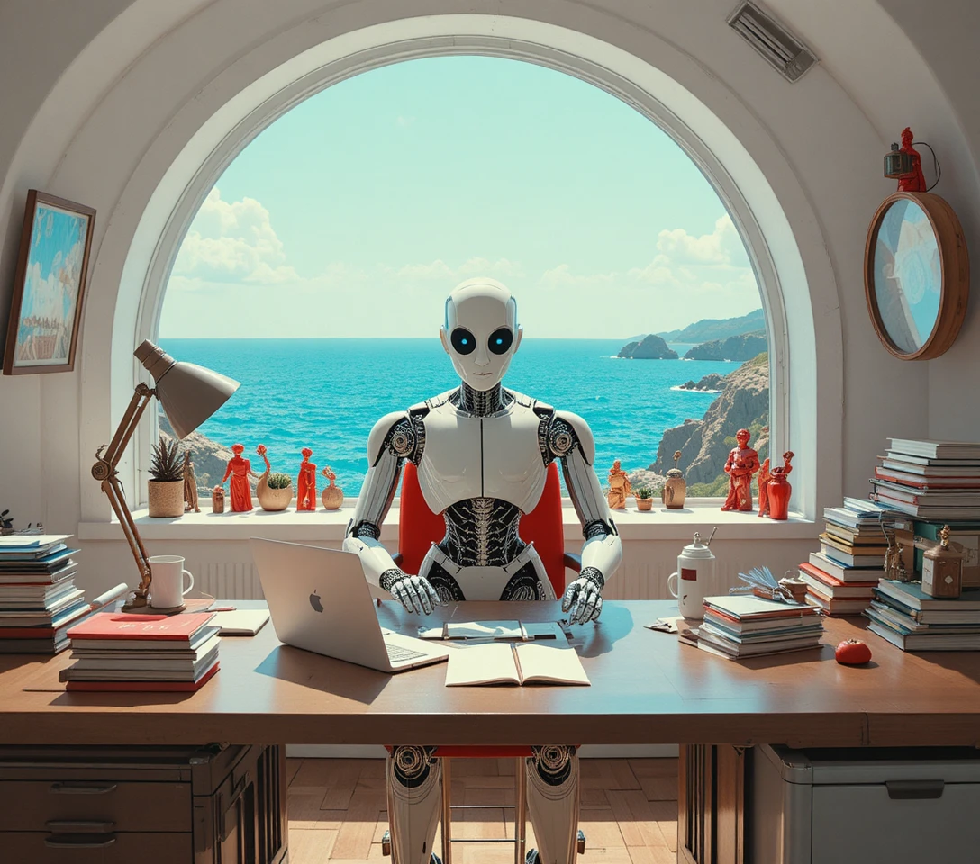 Humanoid office robot working at a modern minimalist desk