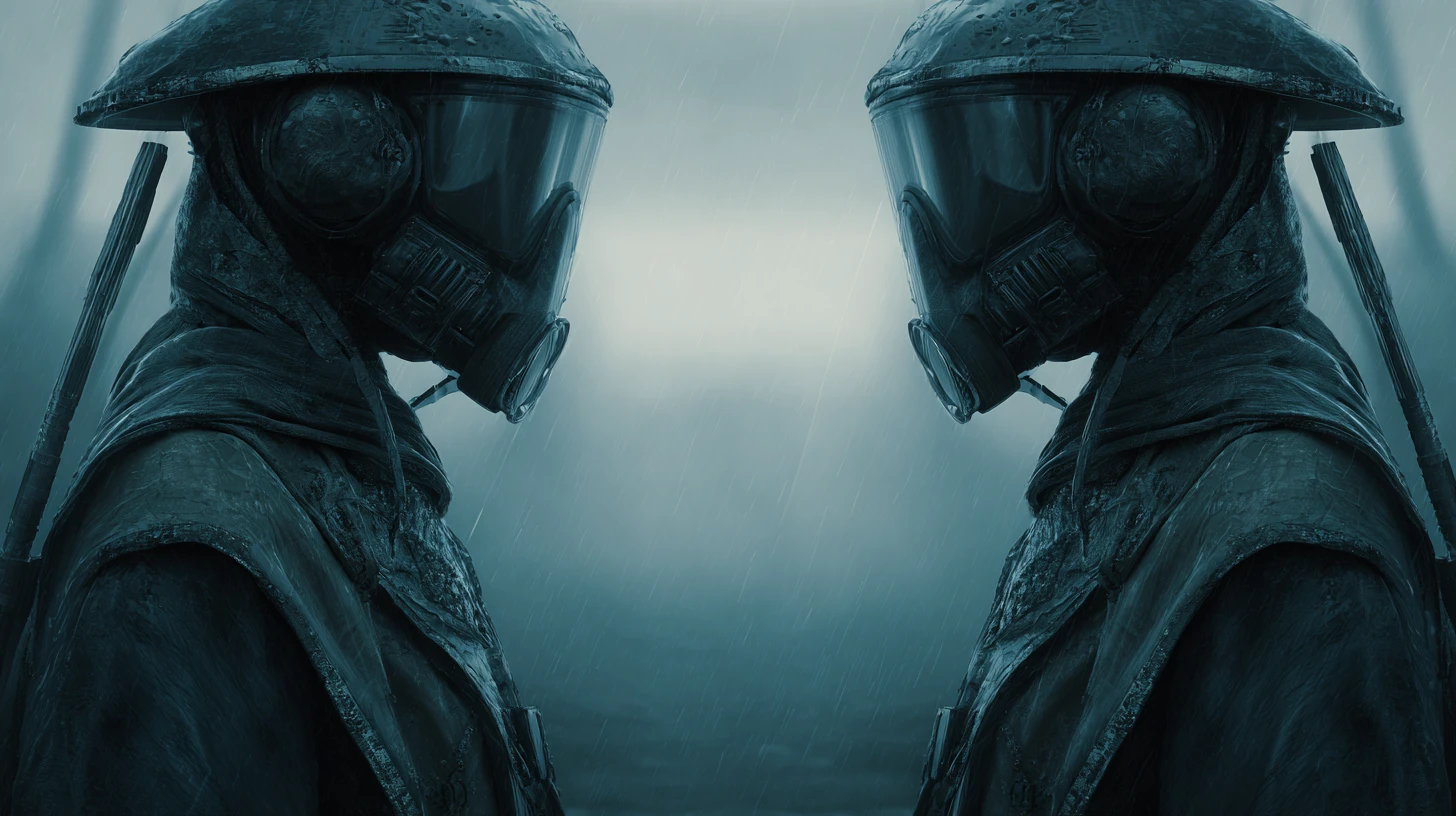 Ominous sci fi warrior commander in rain and fog