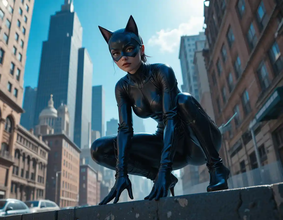 Dunkelhäutige Catwoman hockt auf futuristischem Stadtdach