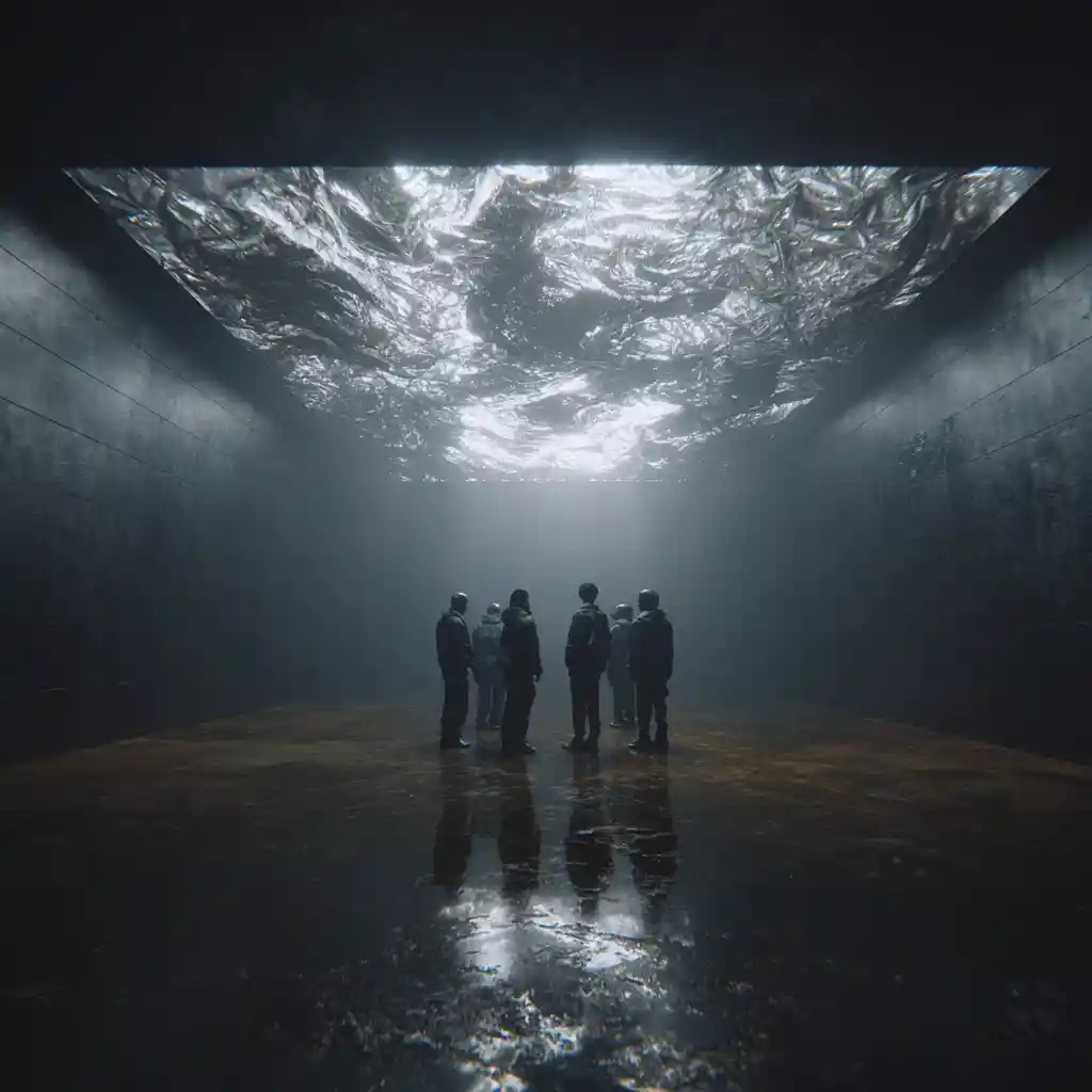 Glowing rectangular object floating in a dark empty room