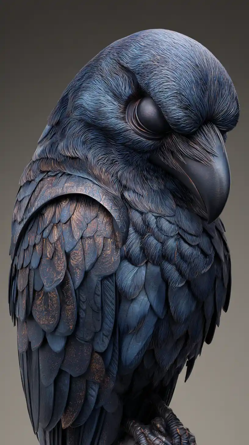 Stylized 3D raven perched with a downward tilted head