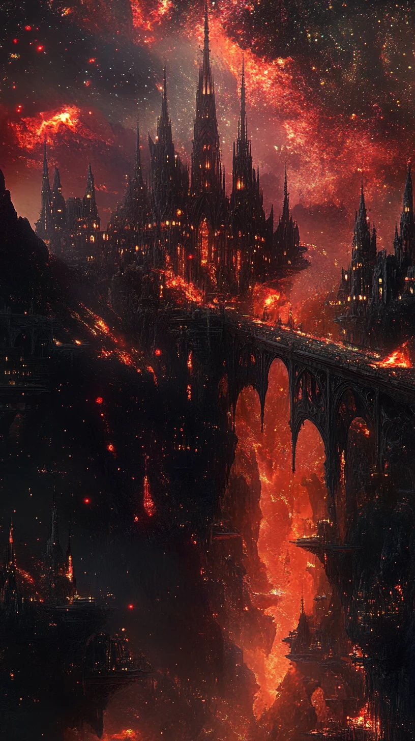 Glowing fantasy metropolis of twisted spires and bridges