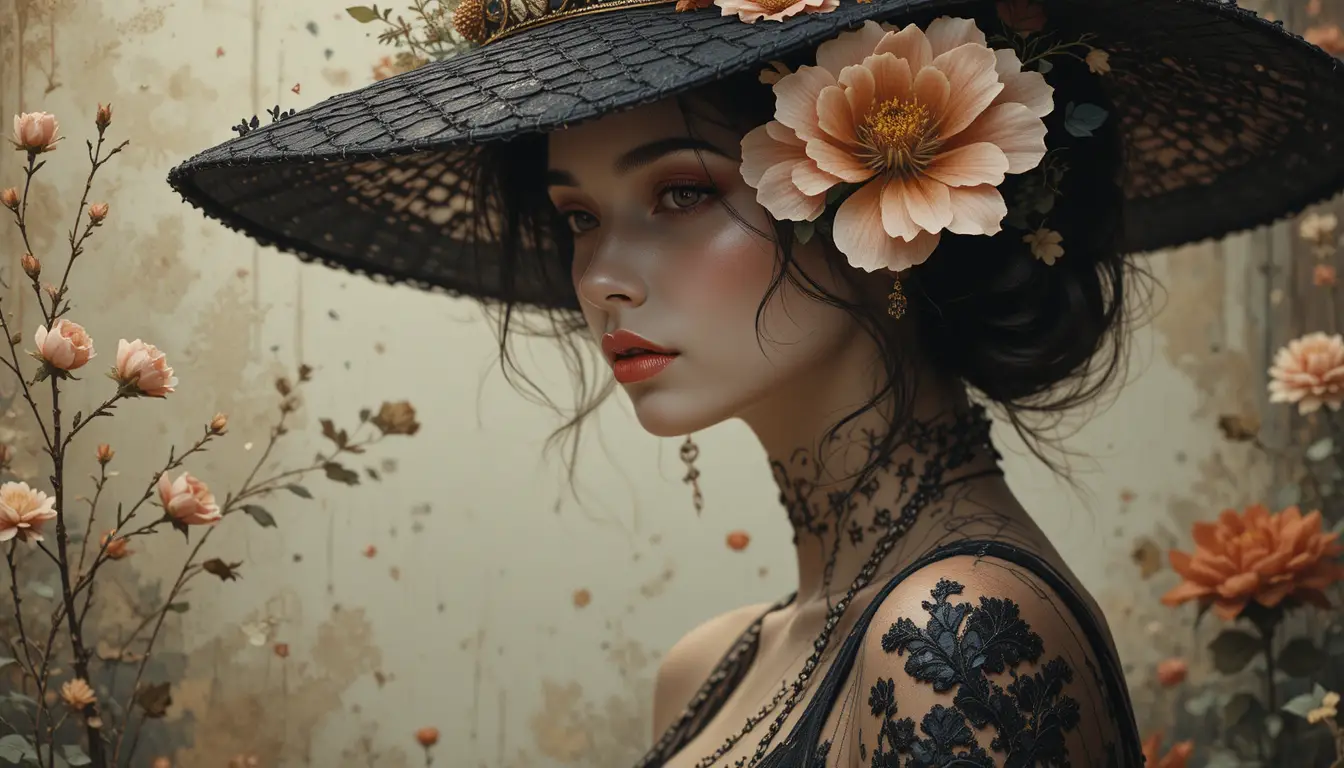 Elegant vintage woman in wide brim hat with red lipstick