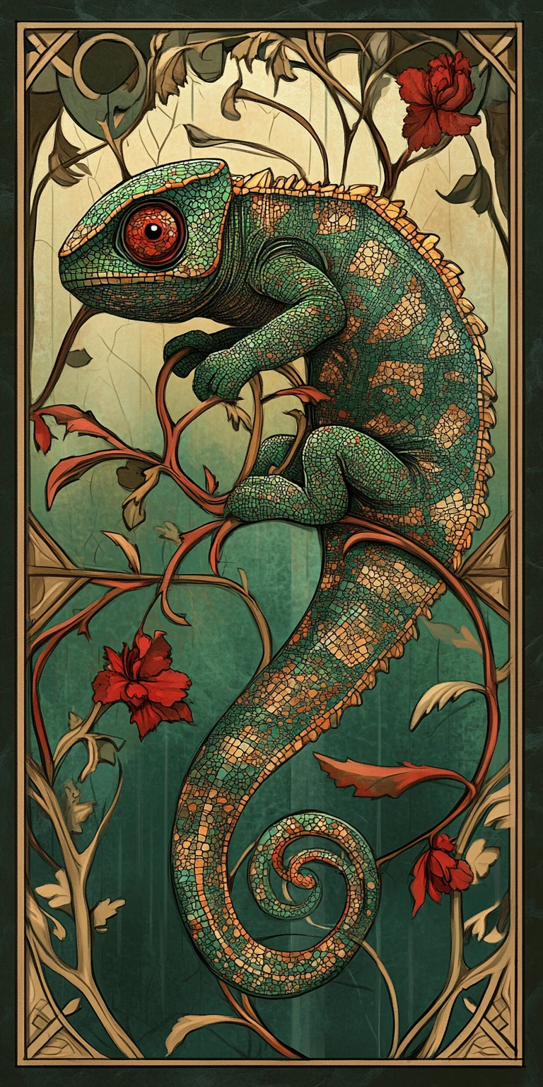 Decorative fantasy chameleon with gothic mosaic patterns