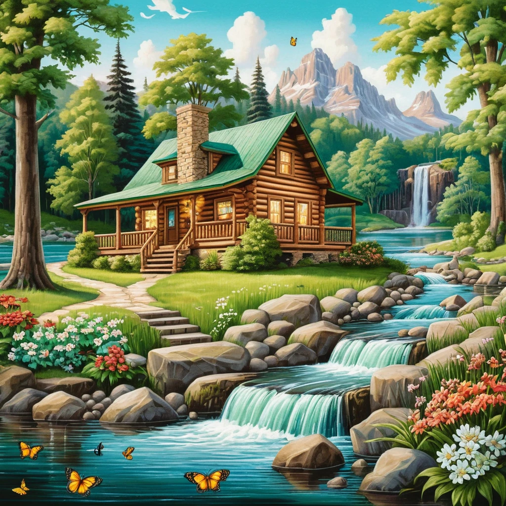 Summer log cabin by a riverside waterfall in lush forest
