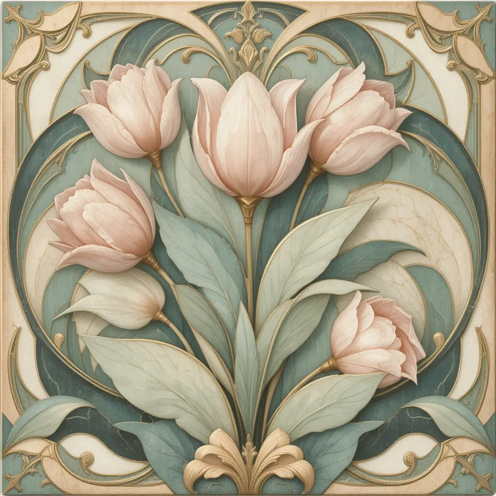 Art deco floral pattern with stylized tulips and curves