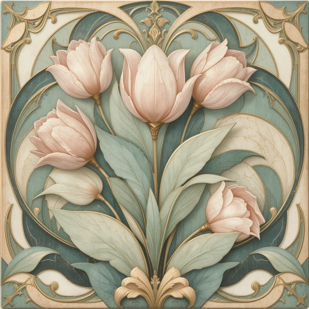 Art deco floral pattern with stylized tulips and curves