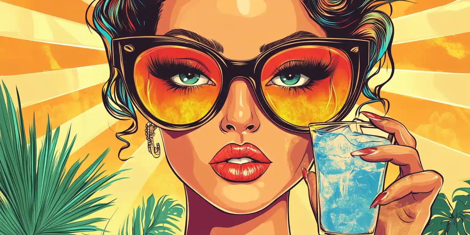 Cartoon-Glam-Diva am tropischen Strand mit Eisdruck