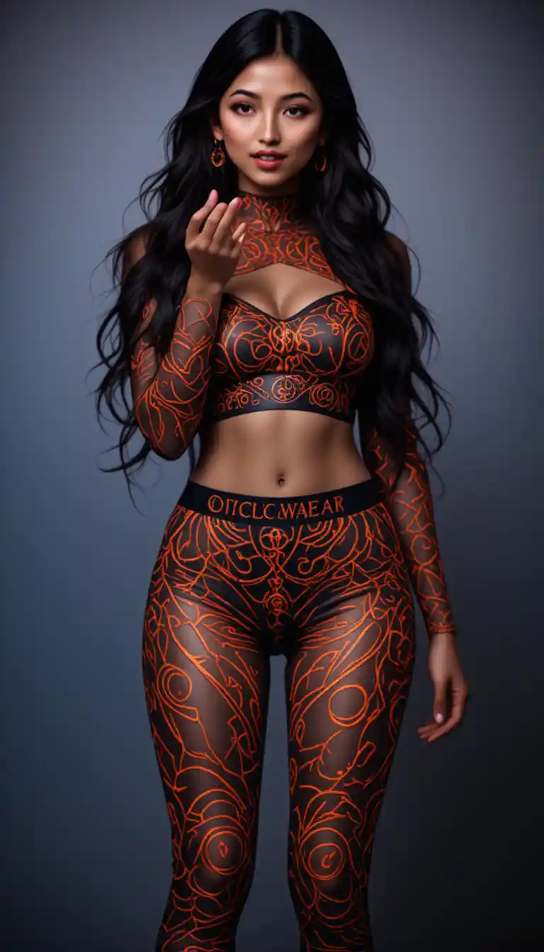 Voluptuous woman blowing a kiss in neon occult sportswear