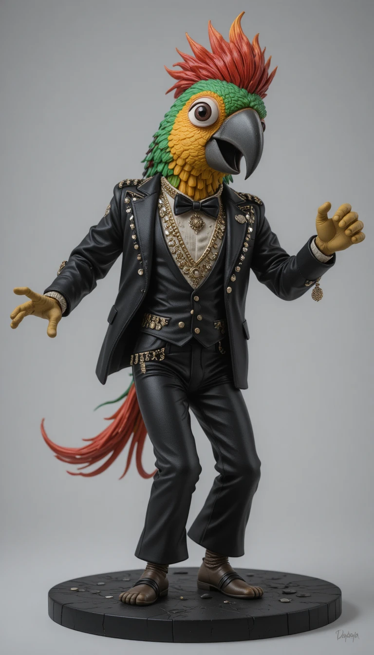 3D clay parrot in black suit dancing in studio
