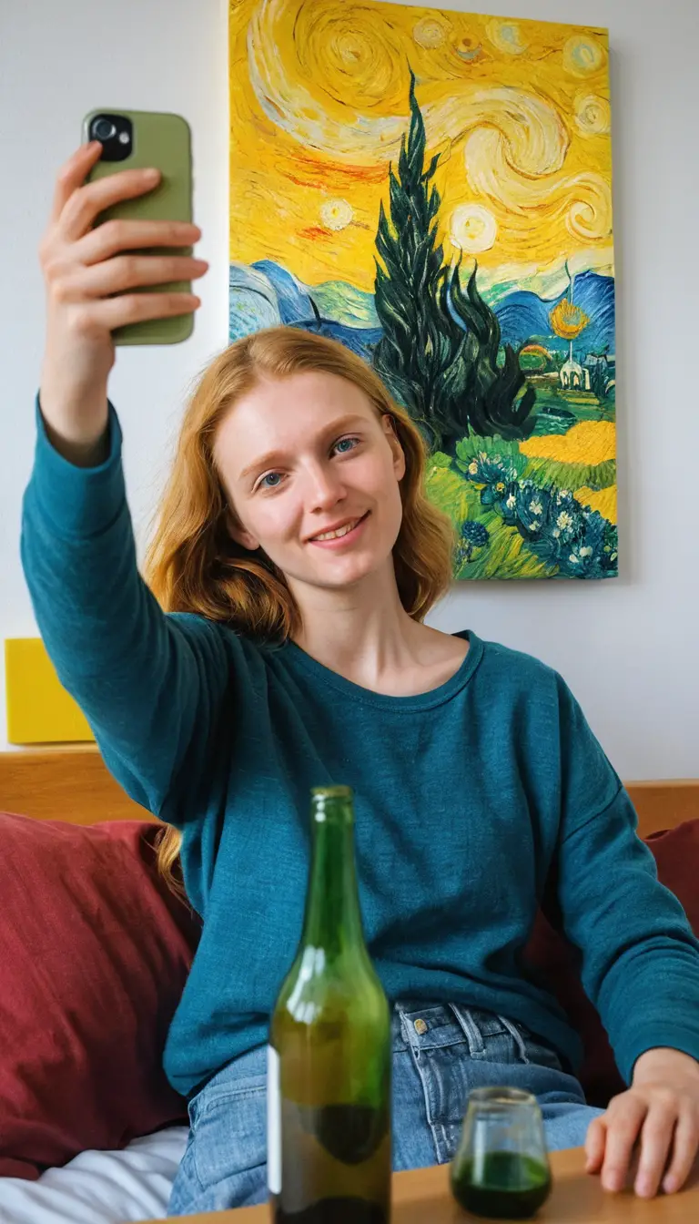Drunk college girls taking chaotic bedroom party selfies