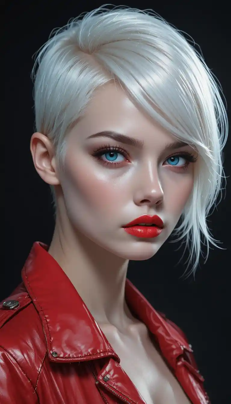 White haired woman in red jacket with fierce blue eyed stare
