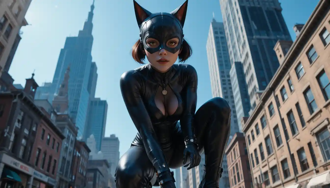 Dark skinned catwoman crouching on a city rooftop