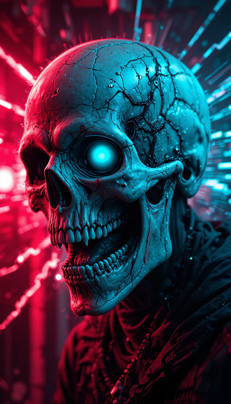 Cyberpunk skull with glitching red and blue digital background