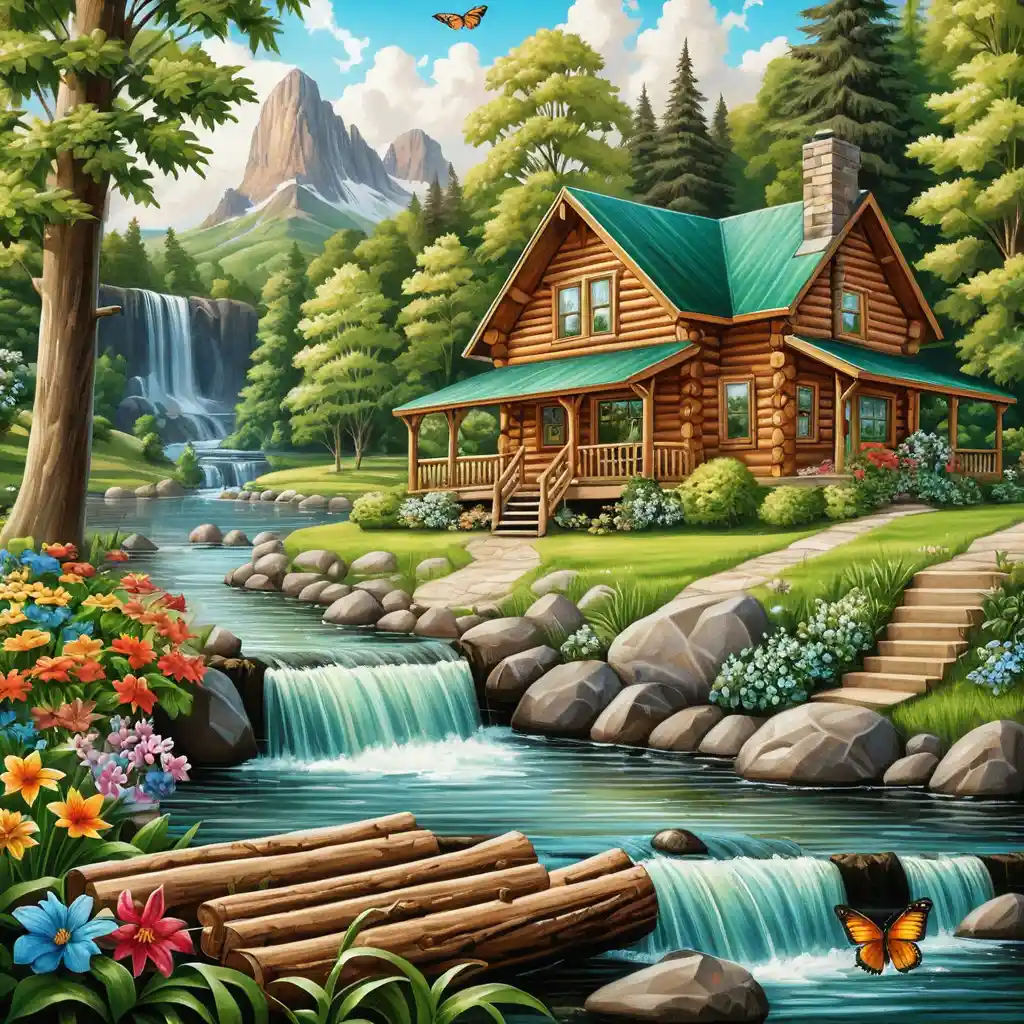 Cozy Riverside Cabin With Waterfall In Lush Summer Forest
