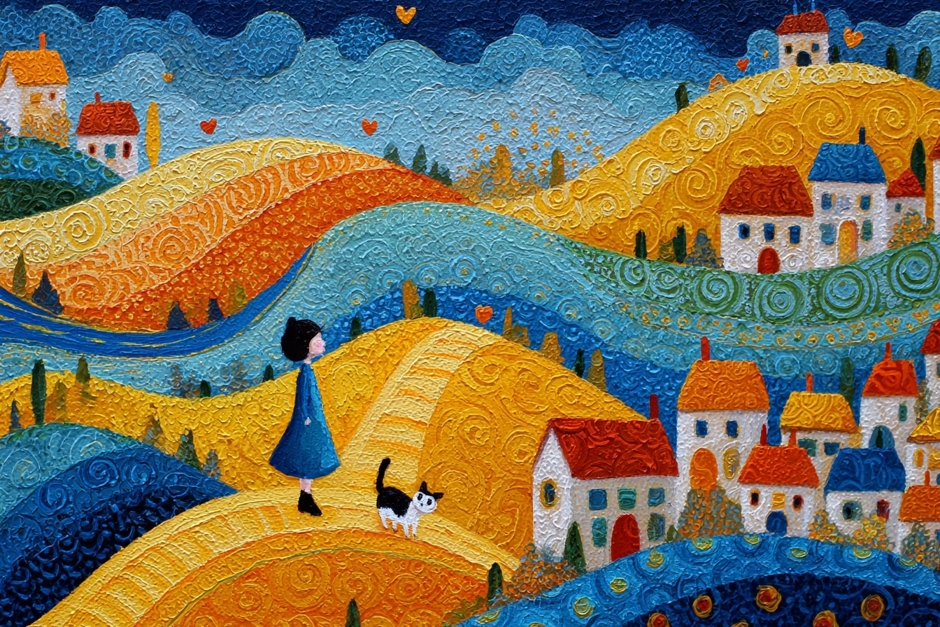 Whimsical folk art village with a small cat on a path