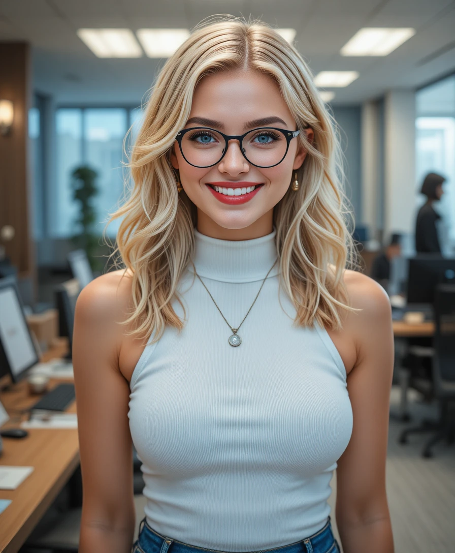 Ragazza bionda sorridente con occhiali in un ufficio dalla luce soffusa